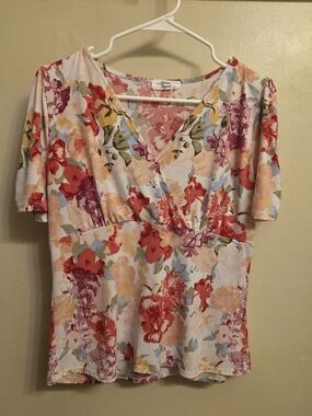Beacon Apparel Floral Faux Wrap Top M Y2K Cottagecore Babydoll Short Sleeve USA